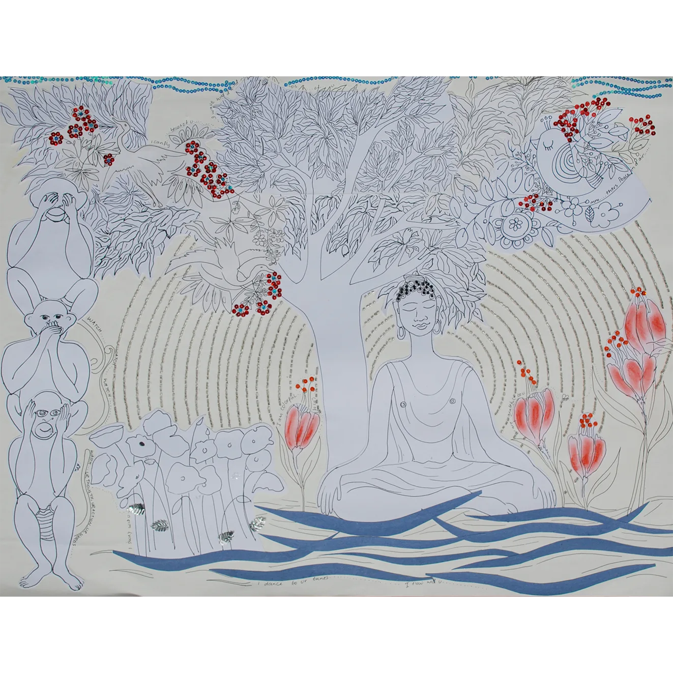 Peace – Collage of black-and-white drawings and sequins by Sashirekha Rajashekar